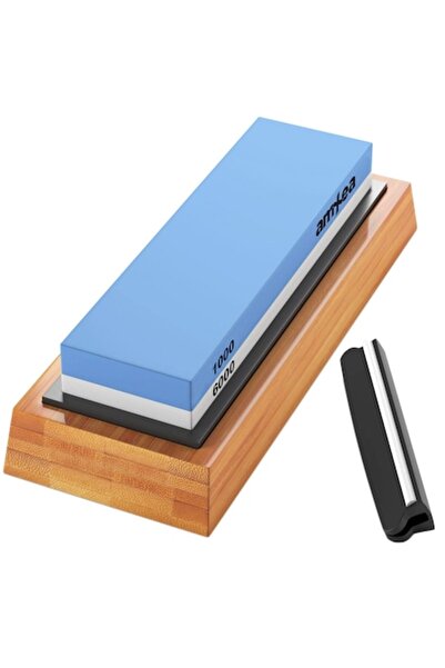 amXea knife sharpening stone 1000/6000, 2 grits, black rubber support, anti-slip wooden base and ang