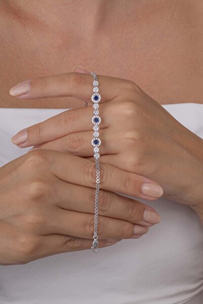 Gümüş Pazarım Safir Taşlı Su Yolu Pırlanta Montür Rodyum Kaplama Gümüş Bileklik