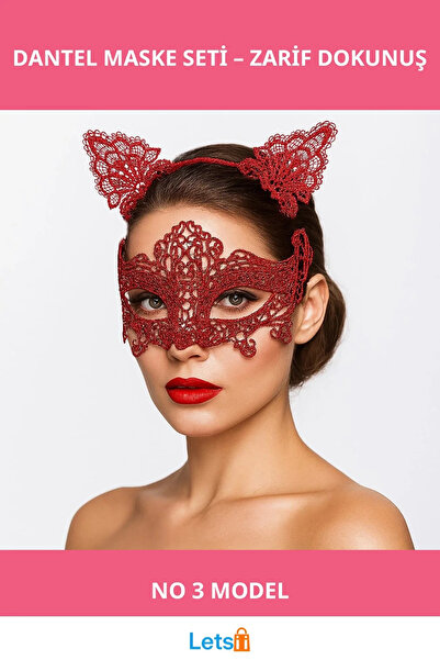 Letsii Romantic Red Lace Mask Cat Ear Crown Set