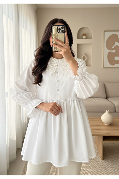 MissRunin Kolu Lastikli Organze Bebe Yaka Yarım Düğmeli Tunik