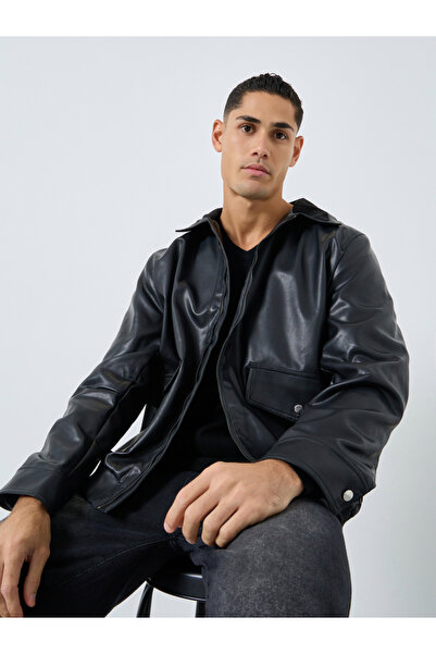 Styli Men Black Solid Faux Leather Jacket