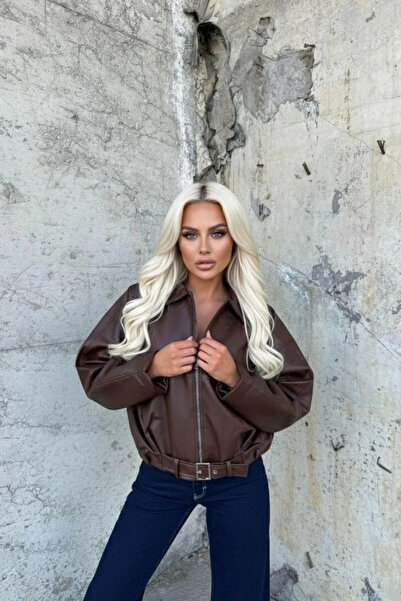 hazelin Γυναικείο καφέ μπουφάν με φερμουάρ oversized από συνθετικό δέρμα HZL25W-BD110561