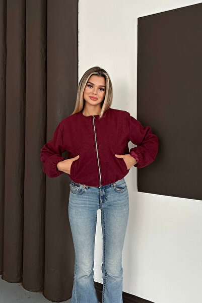 mielva سترة نسائية بومبر بسحاب وتطريز باللون العنابي