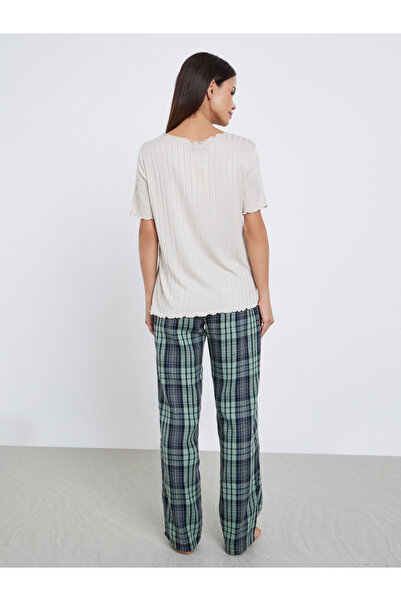 Styli Textured Placket Front T-Shirt and Check Pyjama Set