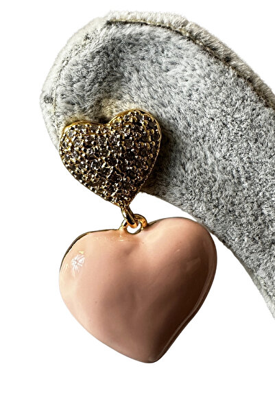 Uretti - أقراط إيريم 3914 5068 بتصميم قلب مزدوج مرصعة بحجر الزركون الوردي