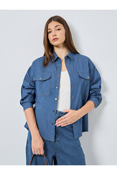 Styli Women Blue Double Pocket Denim Loose Fit Shirt