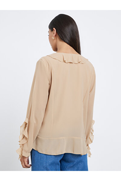 Styli Beige Frill Detail V Neck Chiffon Blouse
