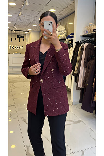 Vosse Moda İlgi Bordo Simli Tüvid Blazer Ceket