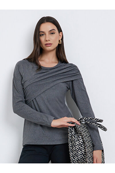 Take Two By Styli Women Grey Solid Ruched Detail Long Sleeve Top