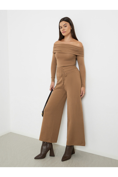 Styli Women Coffee Brown Bardot Neck Flat Knit Top