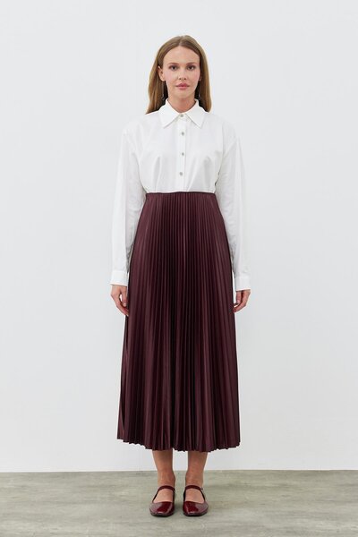 Gülşah collection Leather-Look Pleated Skirt - Burgundy