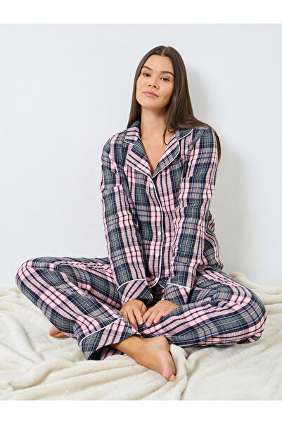 Styli Checked Print Button Placket Piped Shirt and Pyjama Set