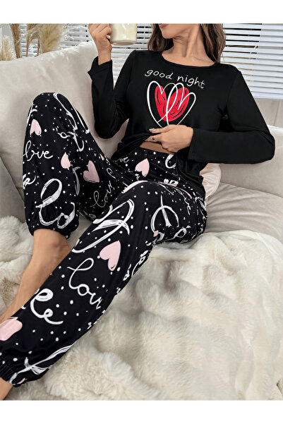 Take Two By Styli Heart Graphic Long Sleeve T-Shirt and Pyjama Set
