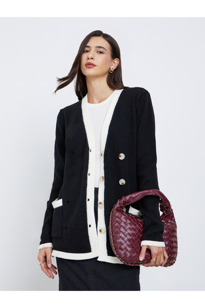 Styli Black Longline Cardigan with Contrast Trim