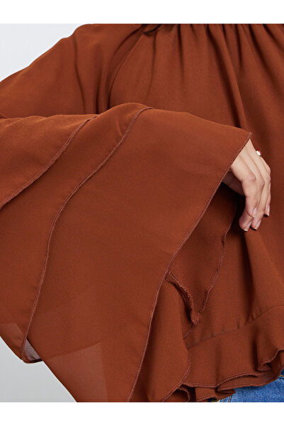 Styli Brown Solid Frill Detailing Bell Sleeves Chiffon Blouse