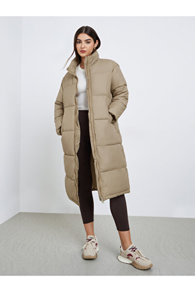 Styli Beige Oversized Padded Coat with Side Pockets