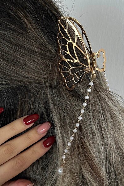 TAKIŞTIR Gold Color Butterfly Figured Pearl Detailed Hanging Metal Latch Buckle