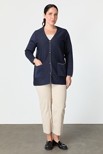 accort Büyük Beden Düğme Detay Triko Hırka-LACI