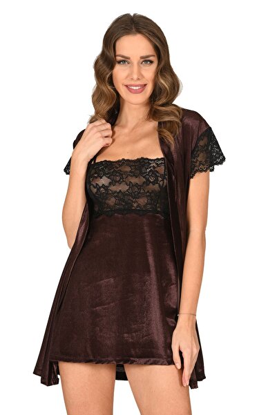 Sistina Lvsqvr Brown Velvet Robe & Nightgown Set 2-Piece - 1429 - (140213) Size L