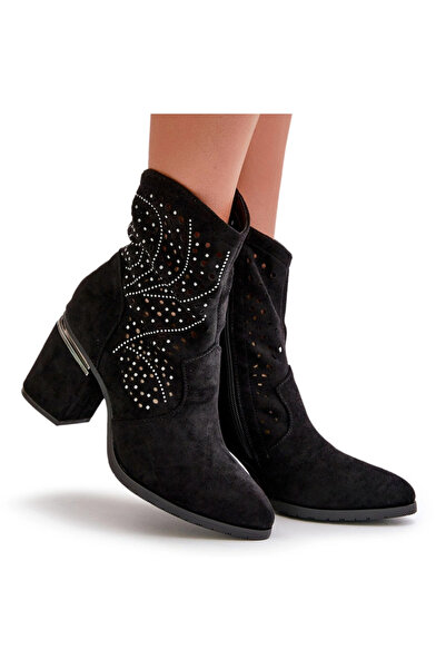 S.BARSKI Botine Dama Decorate Perforate Cu Toc Din Eko Suede Negre HY42-029 36