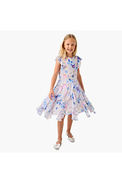 Juniors All-Over Floral Print A-Line Dress with Ruffle Detail