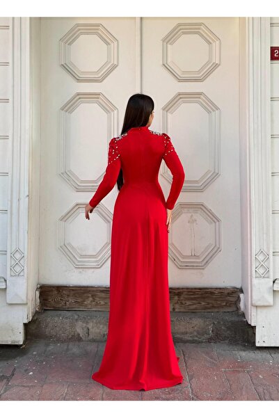 Modafeminen Shoulder Stone Details with Special Drapes Dress 583341 Red