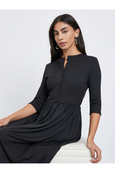 Styli فستان أسود متوسط الطول بقصة A وأكمام بطول 3/4