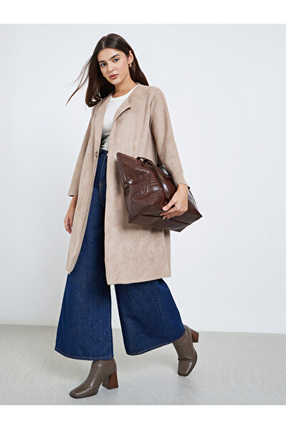 Styli Beige Longline Suede Look Loop Button Coat