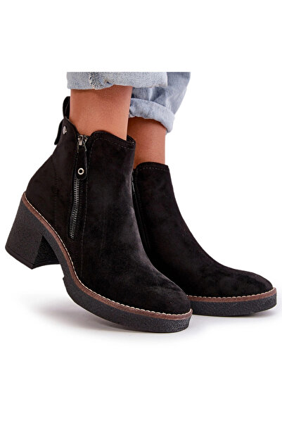 BOTO Botine pentru femei căptușite cu toc gros din piele ecologică neagră Vel...