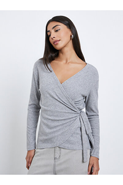 Styli Grey Plain Long Sleeve Wrap Knit Top
