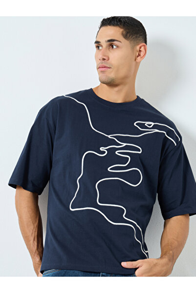 Styli Navy Blue Oversized Embroidered T-Shirt