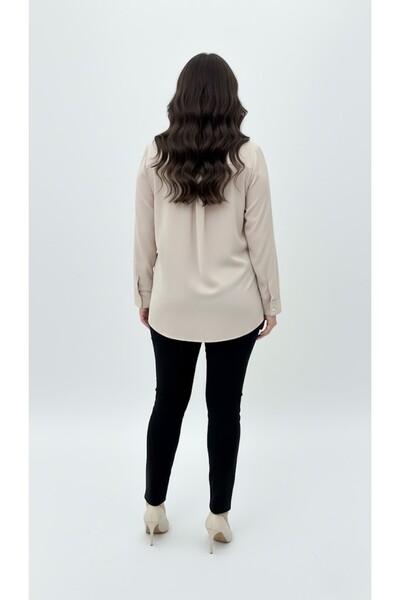 Koza Butik Women's Large Size Long Sleeve Front Break Piped Detail Flowy Fabric Shirt 1991