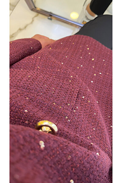 Vosse Moda İlgi Bordo Simli Tüvid Blazer Ceket