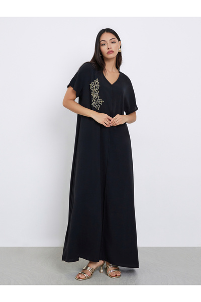 Styli جلابية سوداء بتصميم خط A تحت العباية مع رقعة