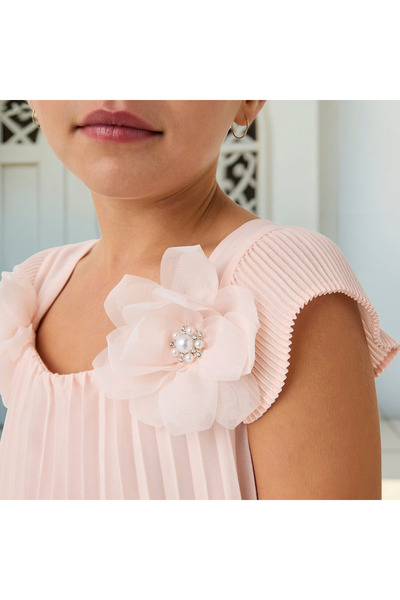 Juniors Pleated Dress with Floral Applique and Tie-Up Belt