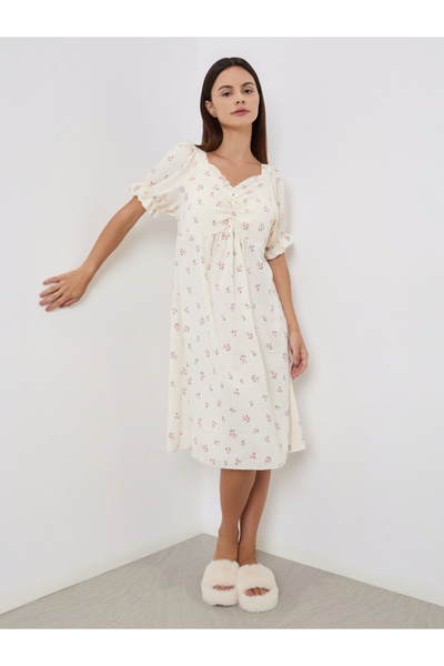 Take Two By Styli Floral Print Ruffle Sleeve Nightdress