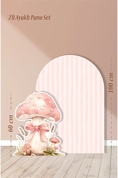neşeli günlerim 2'li Ayaklı Pano Seti Pudra Çizgili, Fiyonklu Mantar Temalı / 100 cm - 60 cm