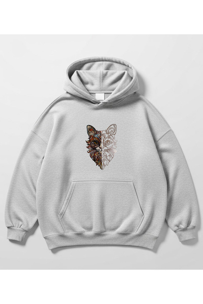 Bheka Concept Women's Black Oversized Hooded Sweatshirt – Colorful Cat Pattern