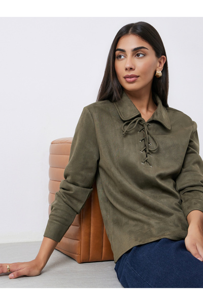 Styli Olive Lace-Up Suede Look Shirt