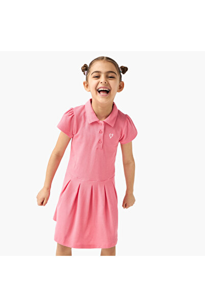 Juniors Textured Polo Dress with Short Sleeves and Button Closure