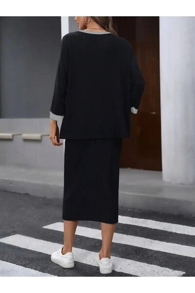 ALPACO Γυναικείο μακρυμάνικο ανοιχτό λαιμόκοψη επένδυση fleece πλέξη ριμπ Μπλούζα και φούστα με κορδόνια διπλό σετ