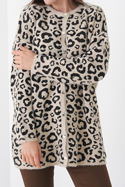 VAGGON Women's Stone Leopard Patterned Buttoned Soft Knitwear Cardigan Vs01446