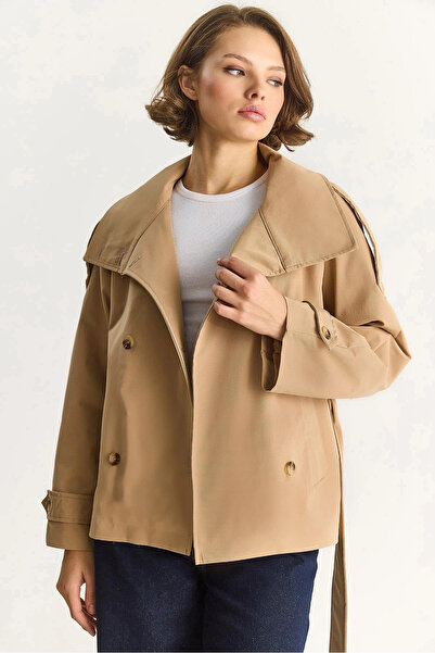 LE CARAMBOLE Women's Tan Mock Neck Belt Detailed Lined Short Trench Coat