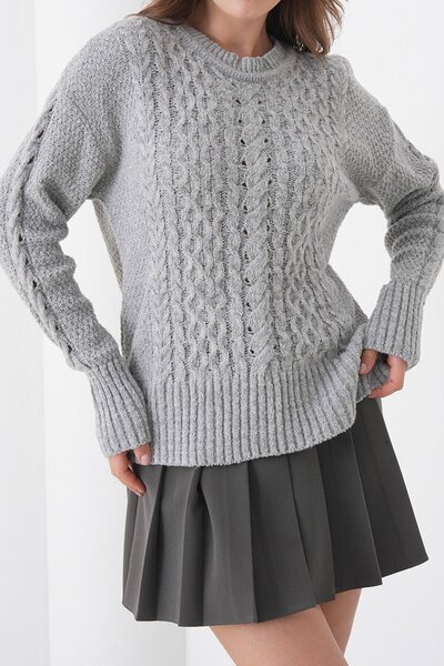 VAGGON Women's Gray Thick Knitted Patterned Crew Neck Sweater Vs01438