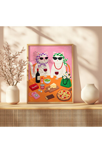 Sweetco Çerçevesiz Poster Gossip Cats | Komik Kedi Temalı Şarap ve Mutfak Duvar Dekoru