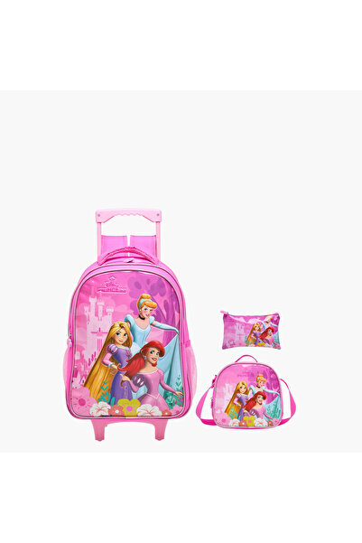 Disney Princess 3-Piece School Trolley Bag Set for Girls 5-8 Years with Lunch Bag and Pencil Pouch