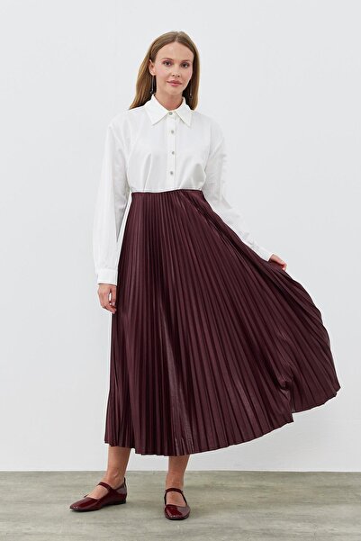 Gülşah collection Leather-Look Pleated Skirt - Burgundy