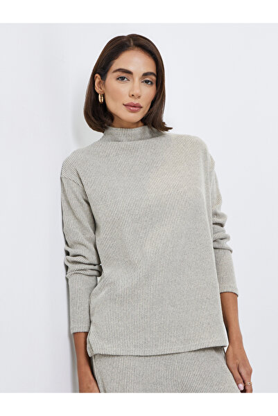 Styli Beige Ribbed Dropped Shoulder Knit Top with Slit