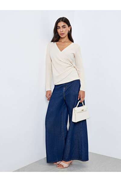 Styli Beige Ribbed Wrap Top with Tie Detail