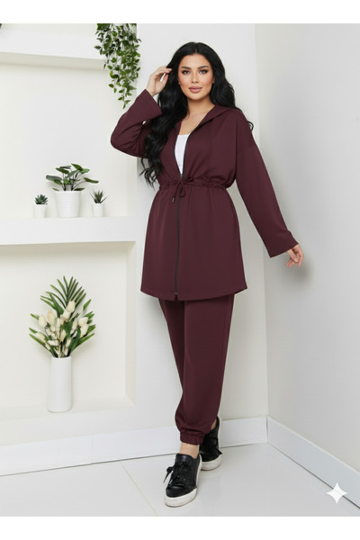 CNG MODA Plus Size Modal Fabric Binding Detail Zippered Hooded Tracksuit Set